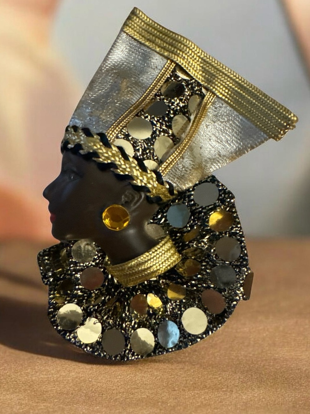 Gold-Embellished Black Egyptian Profile Brooch